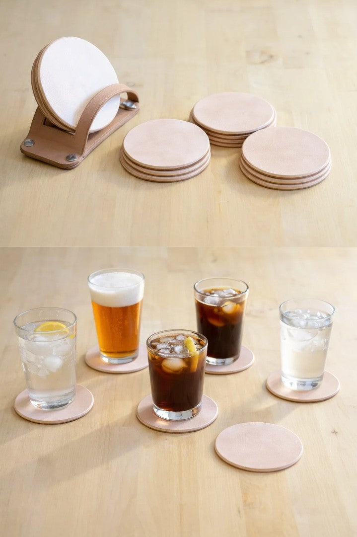 Conjunto de 6 Bases para Copos em Couro Artesanal com Suporte – Mesa Completa