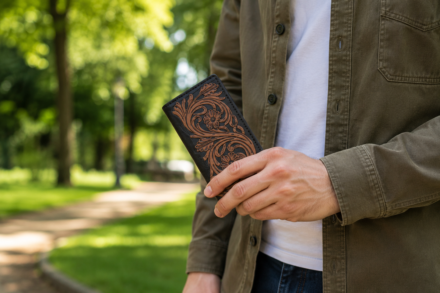 Carteira Masculina Artesanal em Couro Trabalhada à Mão