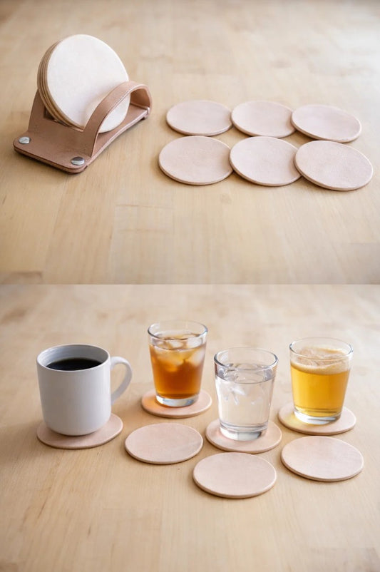 Conjunto de 6 Bases para Copos em Couro Artesanal com Suporte – Mesa Completa