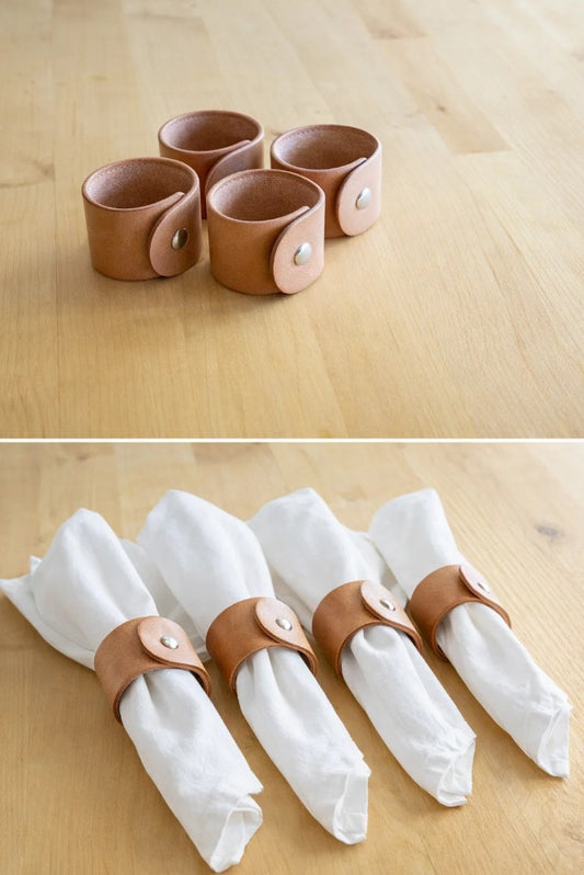 Conjunto de 4 Argolas para Guardanapos em Couro Artesanal – Com ou Sem Mola