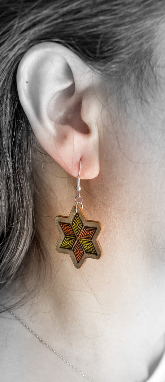 Brincos Artesanais em Couro Estrela Multicolor com Padrão Gravado