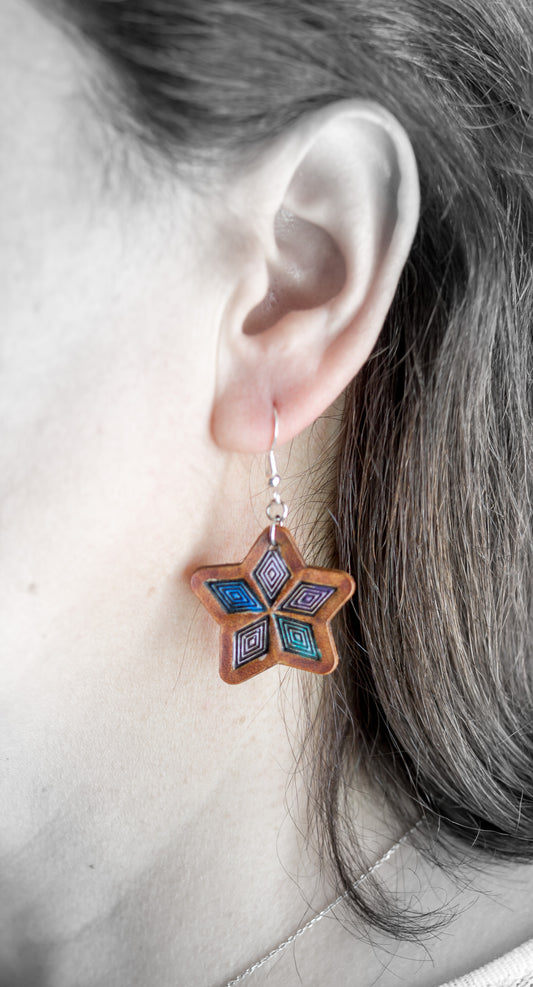 Brincos Artesanais em Couro Estrela com Detalhes Azul e Violeta