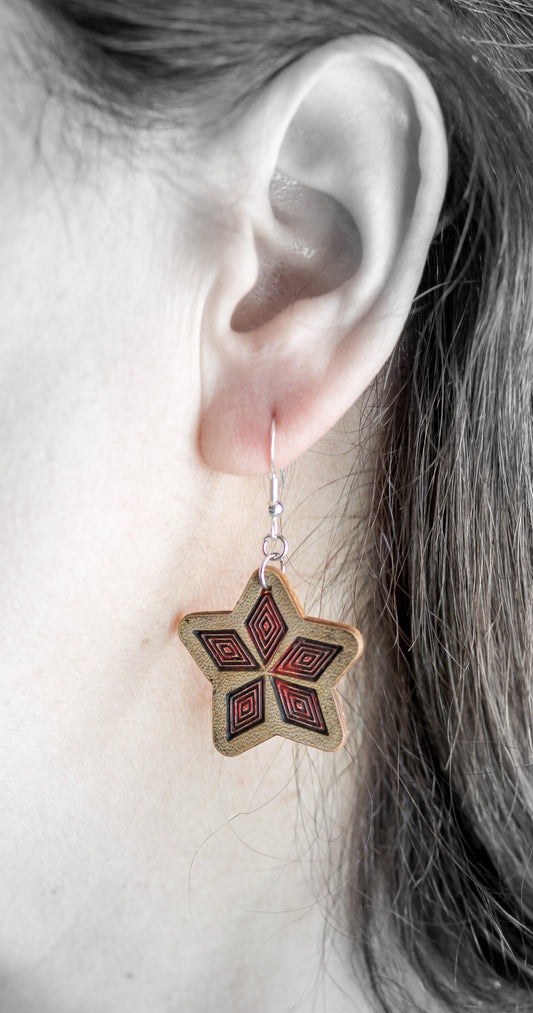 Brincos Artesanais em Couro Estrela Natural com Detalhe Vermelho Gravado