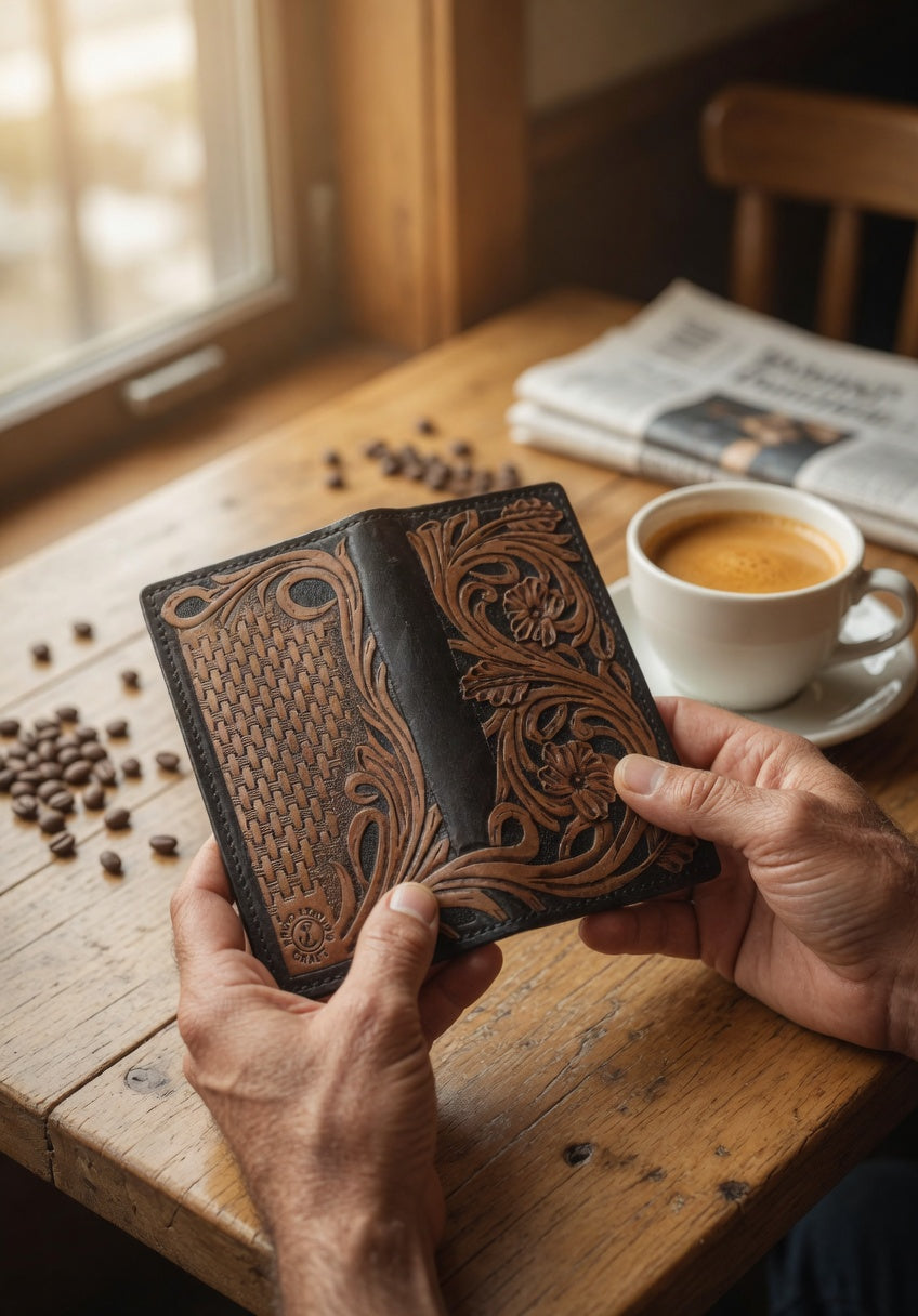 Carteira Masculina Artesanal em Couro Trabalhada à Mão